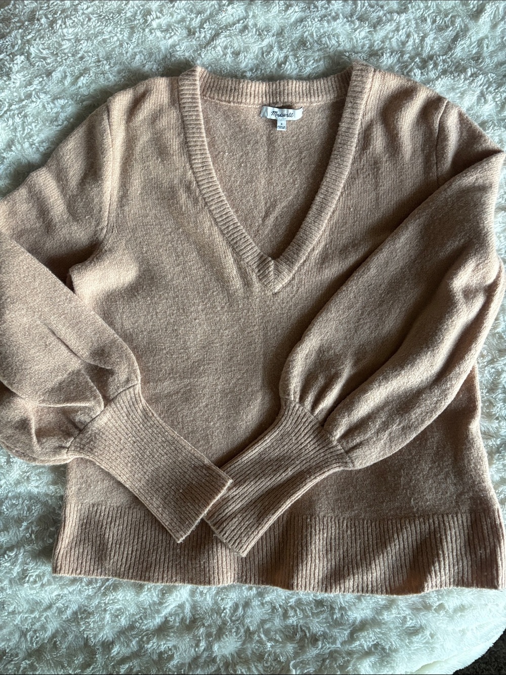 Madewell V-Neck Balloon Sleeve Sweater - Beige